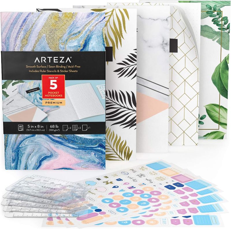 Photo 1 of ARTEZA Small Pocket Notebook Set, 5 Pcs, 5 x 8 inches, 2 Ruled, 2 Dotted & 1 Blank Soft Cover Journal with Smooth Writing Paper, Thread Stitched Binding and Inner Pocket
