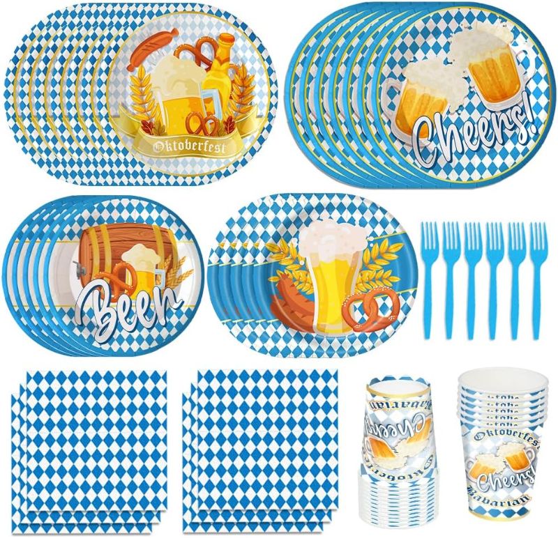 Photo 1 of 150pcs Oktoberfest Decorations Bavarian Plates Napkins German Harvest Party Supplies Paper Cups Tableware Set Blue Forks October Festival Disposable Dinnerware for 30 Guests 
