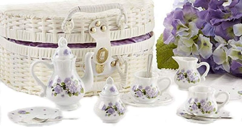 Photo 1 of Delton Products Purple Glory Flower Porcelain Tea Set in Fabric Lined Basket New 