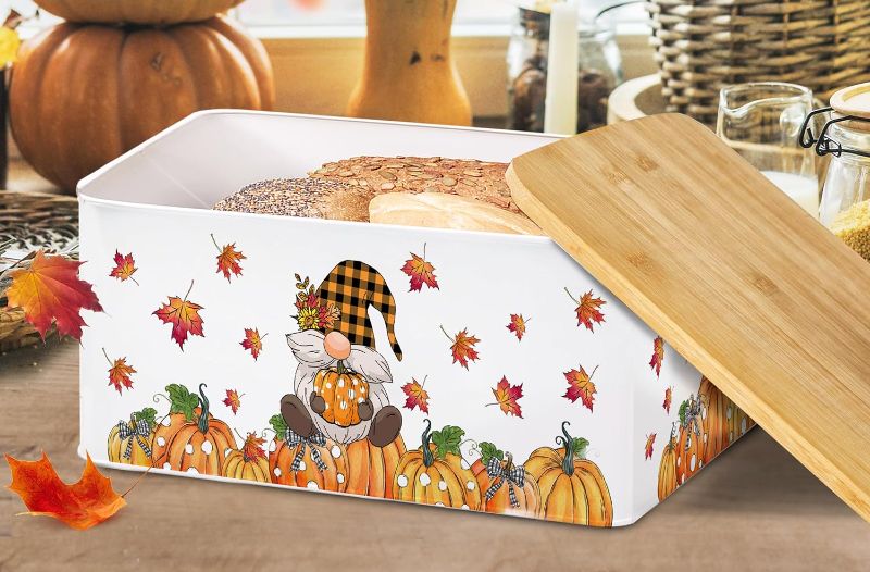 Photo 1 of Bonsai Tree Fall Bread Box with Lid, Fall Kitchen Decor, Fall Metal Gnome Pumpkin Bread Storage Kitchen Countertop Decorations, Autumn Farmhouse Home Bread Keeper Container Organizer(13"x8.3"x5.1") 