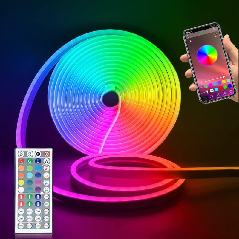 Photo 1 of Neon Lights, 16.4ft/5m RGB LED Neon Rope Light with Remote Control, Smart Color Changing DIY Mode Neon Flex Strip Lights for Bedroom Indoors Outdoors Decor