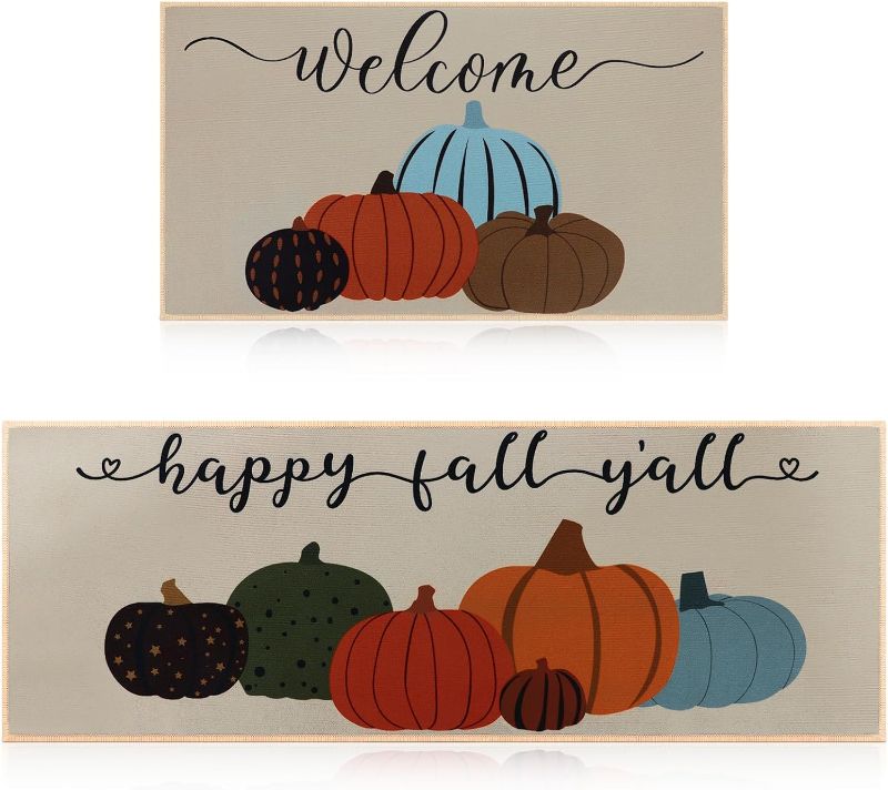 Photo 1 of Ceenna Fall Kitchen Rugs and Mats Set of 2, Fall Pumpkin Welcome Doormat Happy Fall Yall Rug Autumn Vintage Floor Mat Harvest Thanksgiving Mats for Home Kitchen Floor Decor, 17 x 29 and 17 x 46.5 in 