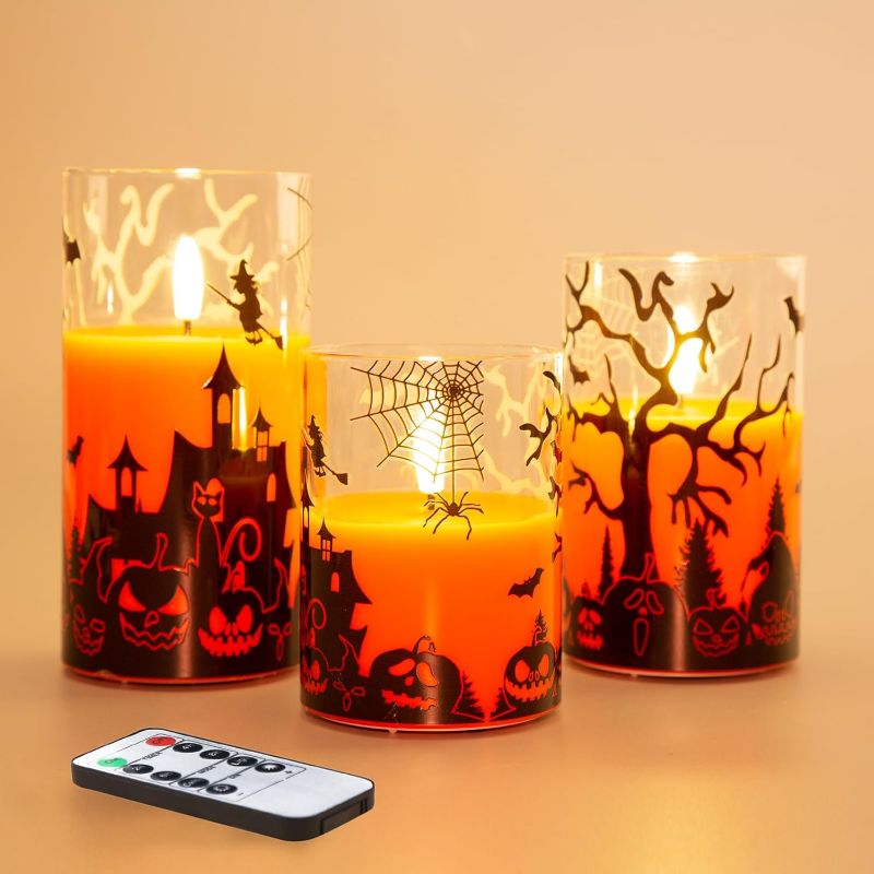 Photo 1 of Eywamage Orange Halloween LED Candles with Remote, Flickering Flameless Pillar Candles in Glass Battery Operated ? 3" H 4" 5" 6"