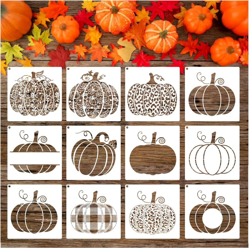 Photo 1 of 12 Pieces Pumpkin Stencils, 8 Inch Fall Pumpkin Stencils for Painting on Wood Reusable Buffalo Plaid Checker Leopard Pumpkin Stencils Autumn Templates for DIY Crafts Canvas Home Décor (12pcs Pumpkin)
