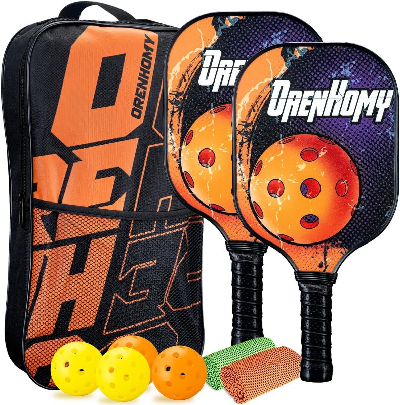 Photo 1 of OrenHomy Pickleball Paddles, Pickleball Set Include 2 Fiberglass Honeycomb Core Rackets, 4 Pickleball Balls, 2 Cooling Towels, 1 Carry Bag, Gifts for Men Women
