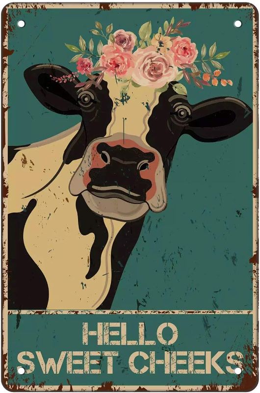 Photo 1 of 

Metal Tin Sign Wall Decor - Hello Sweet Cheeks - Vintage Cow Tin Sign for Home Office Toilet Classroom Decor Best Farmhouse 8x12 Inch
