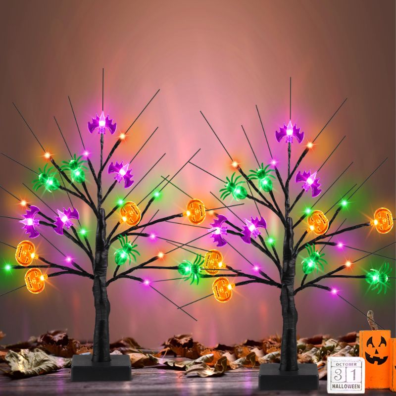 Photo 1 of 2 Pack 18 Inch Black Halloween Tree Decor with Pumpkin Bat Spider Lights, Timer/USB/Battery Operated Spooky Halloween Table Decorations Lighted Birch Tree Indoor Halloween Decorations for Home Party Orange Purple Green Lights