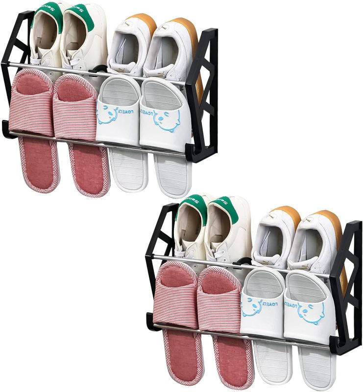 Photo 1 of 2Pcs Door Shoe Rack, Shoe Rack Organizer Over The Door or On The Wall Hanging Shoe Rack with Hooks for Closet, Entryway, Kitchen (Black)
