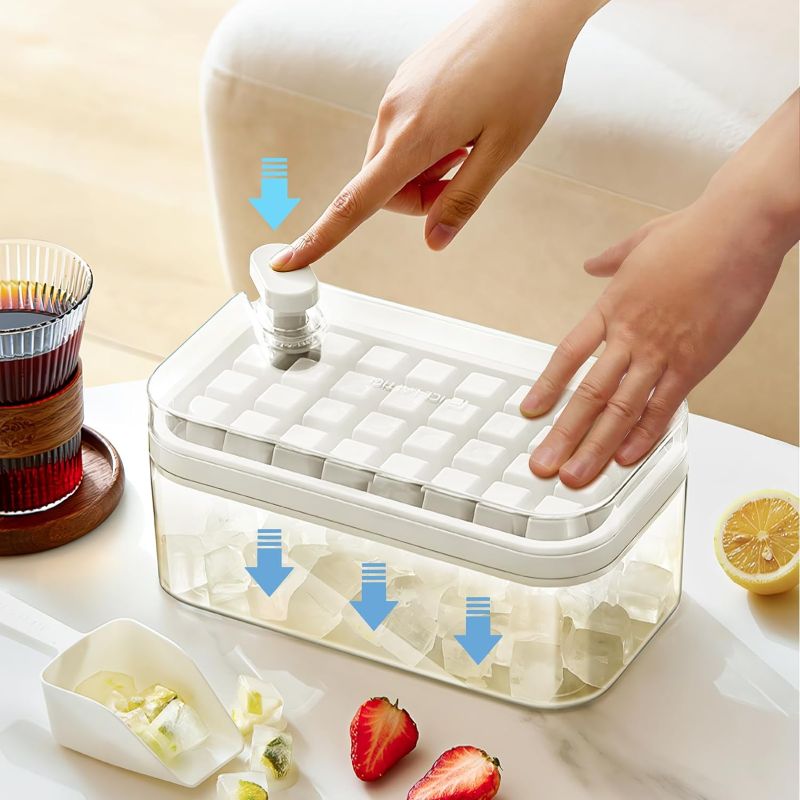 Photo 1 of 2023 New One Button Release Ice Cubes, Ice Cube Tray with Lid and Bin, 64 Pcs Ice Cubes Molds & Scoop,Ice Cube Trays for Freezer, White
