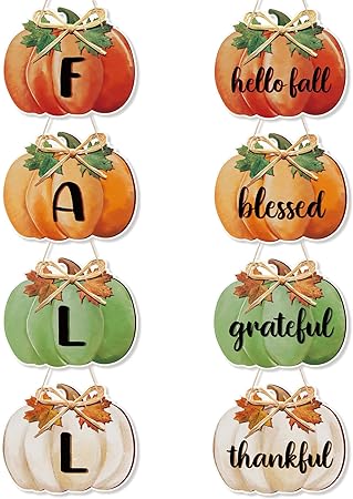 Photo 1 of 8 Pcs Fall Pumpkin Door Decor for Home,Indoor Outdoor Thanksgiving Front Porch Door Wall Signs Rustic Welcome Hello Fall Blessed Grateful Hanging Sign for Autumn Harvest Halloween Decorations for Home