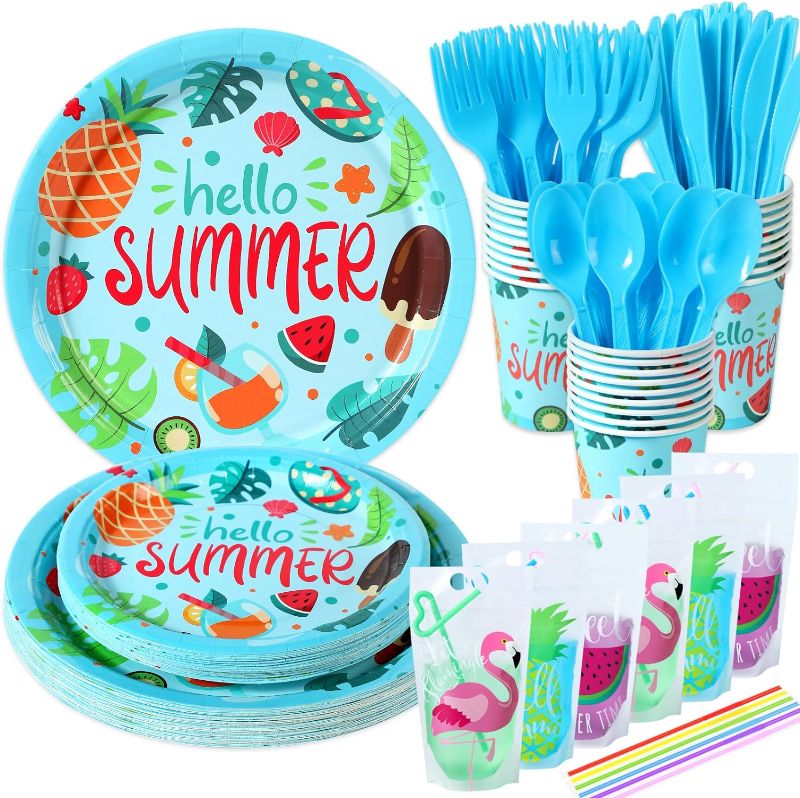 Photo 1 of 162Pcs Summer Fruits Party Supplies Party Decorations (Serves 25) Birthday Disposable Tableware Set include Dinner Plates, Dessert Plates, Cups, Knives, Forks, Spoons,Straws,Beverage Bags 