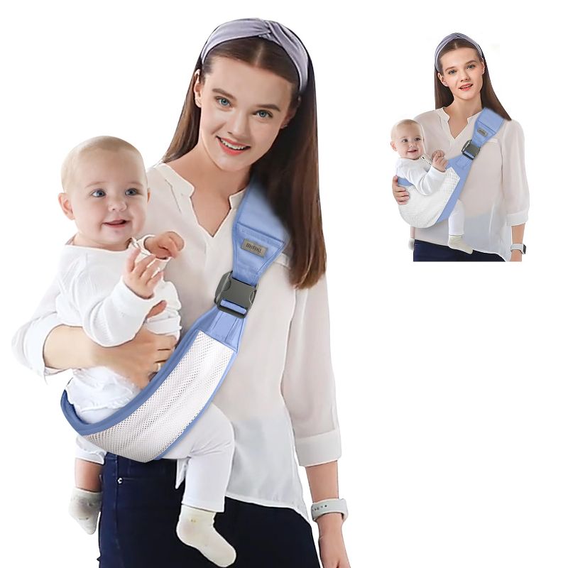 Photo 1 of Baby Sling Carrier, Adjustable One Shoulder Half Wrap Babies Holder Carrier, Breathable Mesh Fabric for Newborn to Toddler(Sky Blue) 