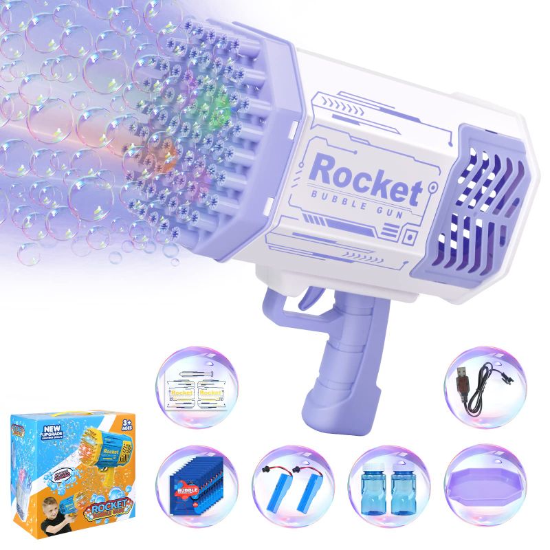 Photo 1 of Bubble Gun Rocket 69 Holes Soap Blaster Machine, Bazooka Bubble Launcher Blower Toys for Kids Outdoor Indoor, Bubble Maker for Party Birthday Wedding(Purple)
