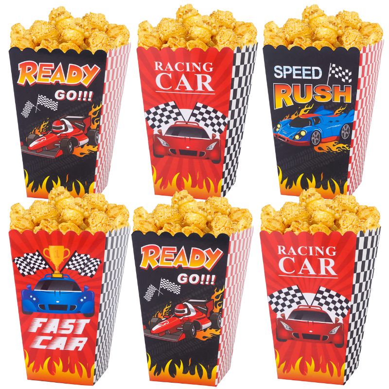 Photo 1 of 24pcs Race Car Popcorn Boxes Racing Car Party Favor Goodies Treat Boxes for Checkered Party Race Car Theme Birthday Party Baby Shower Supplies