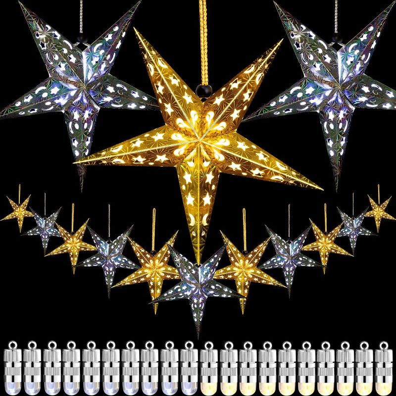 Photo 1 of 
20 Pieces Star Paper Lantern Lights Christmas 3D Paper Stars Hanging Decoration Star Paper Lanterns with 20 LED Lights for Weddings Xmas Holiday Birthday Party Home Decor (Gold, Silver)
