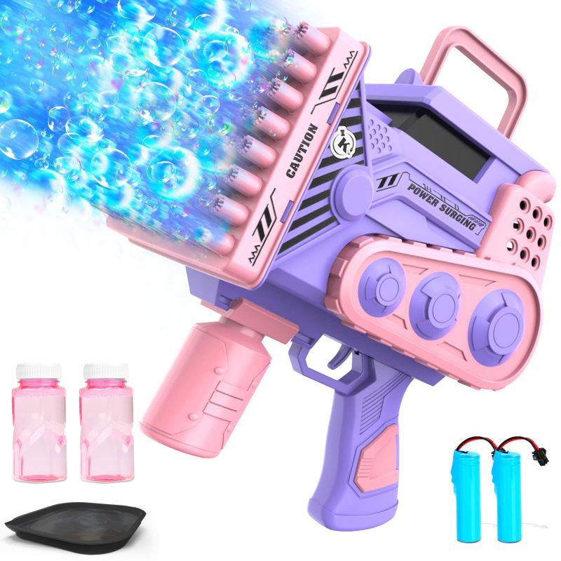 Photo 1 of Bubble Gun with Light Bubble Solution Automatic 69 Holes Bubble Machine Gun Bubbles Maker Blaster Blower Toys for Kids Outdoor Indoor Birthday Wedding Party Pink