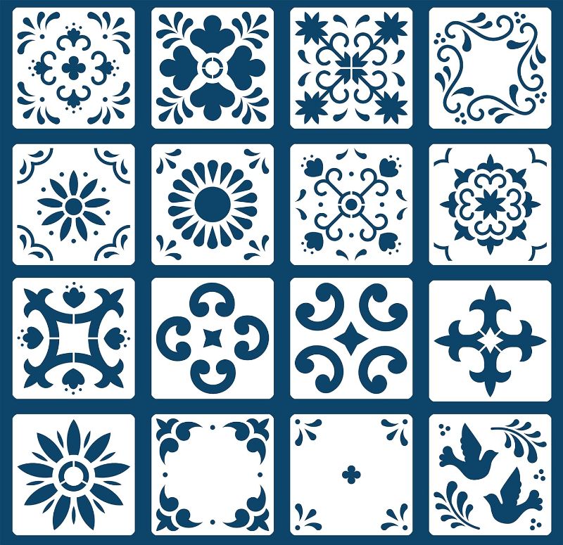 Photo 1 of 16 Pack Tile Stencil Set (8 X 8 Inch), Mexican Stencil Pattern, Use As Floor Stencils Or Wall Stencils, Reusable Stencils for Painting Linoleum Floor Furniture Canvas, DIY Mexican Talavera Home Décor 