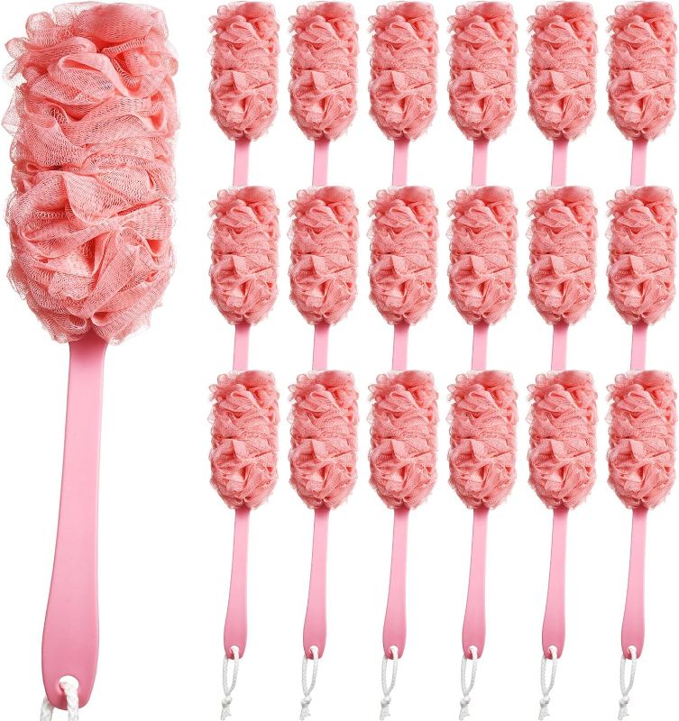 Photo 1 of 18 Pack Back Scrubber for Shower Loofah on a Stick for Men Women, 17 Inch Long Handled Loofah Body Scrubber Shower Pouf Brush for Body, Nylon Mesh Bath Sponge for Elderly (Pink) 
