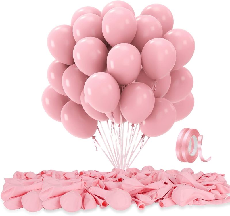 Photo 1 of 120Pcs Latex Party Balloons,12 inch Macaron Pink Helium Balloons with Ribbon for Birthday, Wedding, Baby Shower,Graduation Birthday Party Decorations