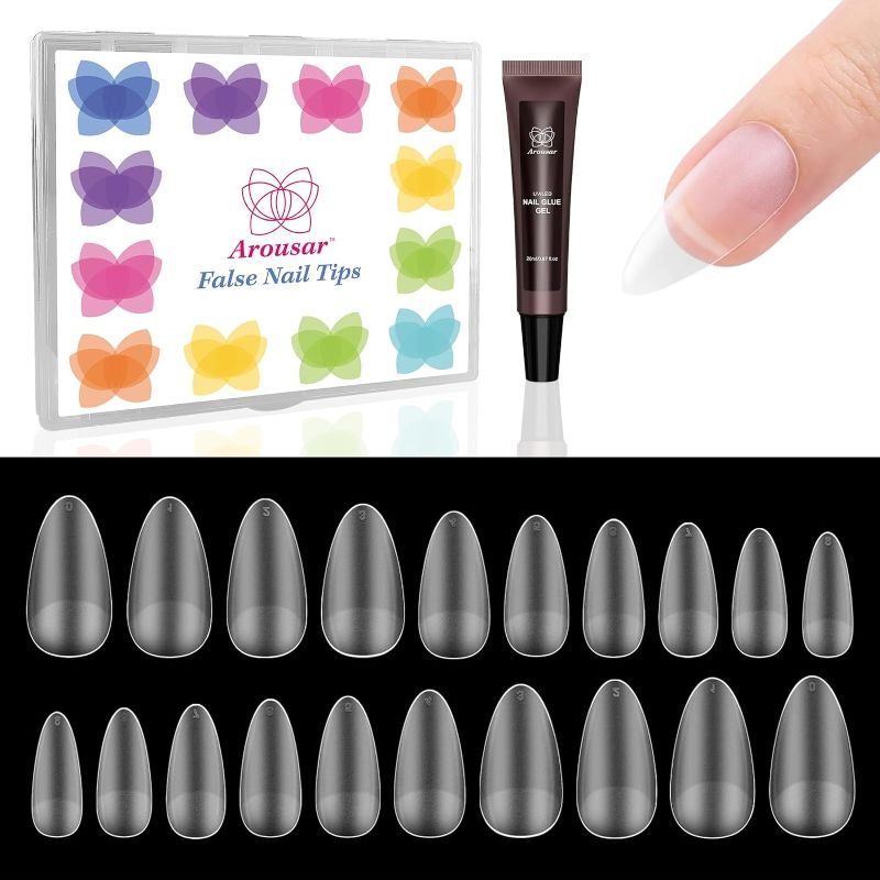 Photo 1 of 2 packs of Arousar Nail Tips, 500 pcs Clear Acrylic Nail Extension Set in 10 Sizes, Matte Medium Round Full Cover Press on False Nail Tips with 20ml Glue Gel, Autumn Halloween Thanksgiving DIY Salon Gift 
