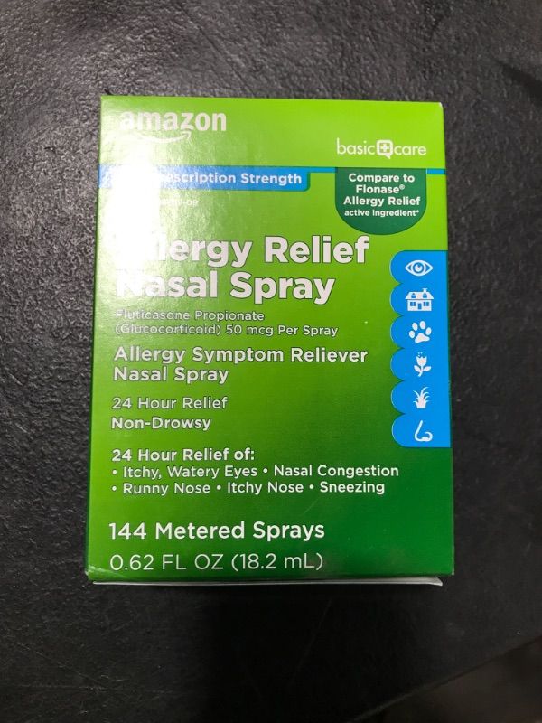 Photo 2 of Amazon Basic Care 24-Hour Allergy Relief Nasal Spray, Fluticasone Propionate (Glucocorticoid), 50 mcg, Full Prescription Strength, Non-Drowsy, 0.62 Fl Oz 0.62 Fl Oz (Pack of 1)---EXP 03/2024