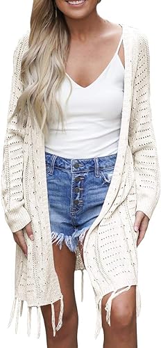 Photo 1 of Cardigan for Women 2023 Lightweight Knit Open Front Hollow Out Crochet Tassel Kimonos Long Sleeve Fall Loose Sweater Cover Up
