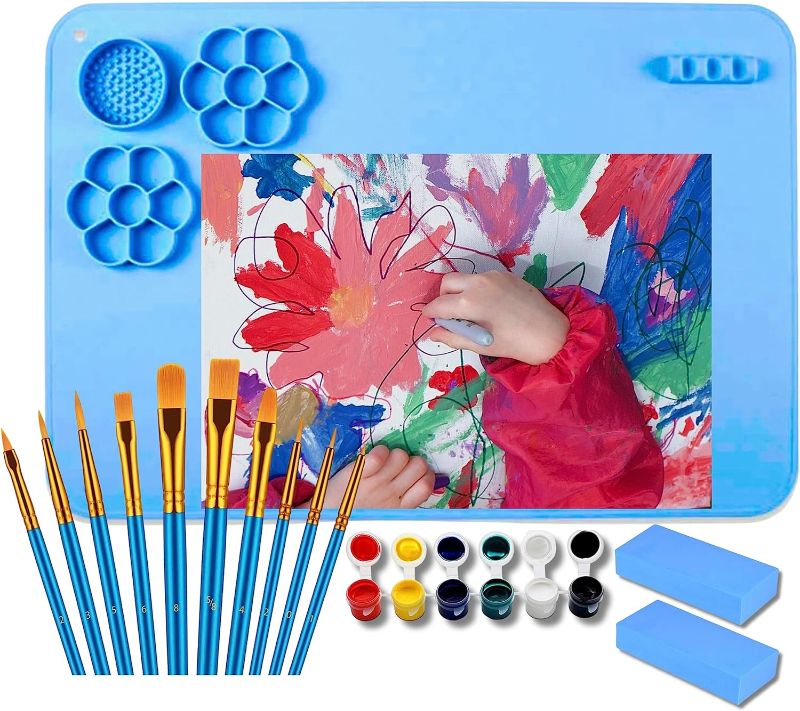 Photo 1 of Blue Flower Design Silicone Art Mat for Kids (Silicone Painting Mat, Craft Mat, Silicone Mat, Art Mat for Kids) 10 Brushes, 6 Paint, 2 Sponges & Paint Mat, L 15.7 inches, W 23.6 inches
