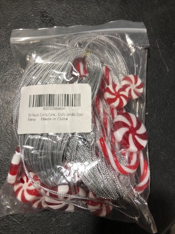 Photo 2 of 30 Pieces Candy Cane Christmas Tree Decorations Candy Peppermint Hanging Ornaments for Xmas Craft Party Holiday Decorative Supplies, Include 109 Yards Crafts Metallic Cord 