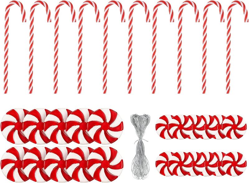 Photo 1 of 30 Pieces Candy Cane Christmas Tree Decorations Candy Peppermint Hanging Ornaments for Xmas Craft Party Holiday Decorative Supplies, Include 109 Yards Crafts Metallic Cord 