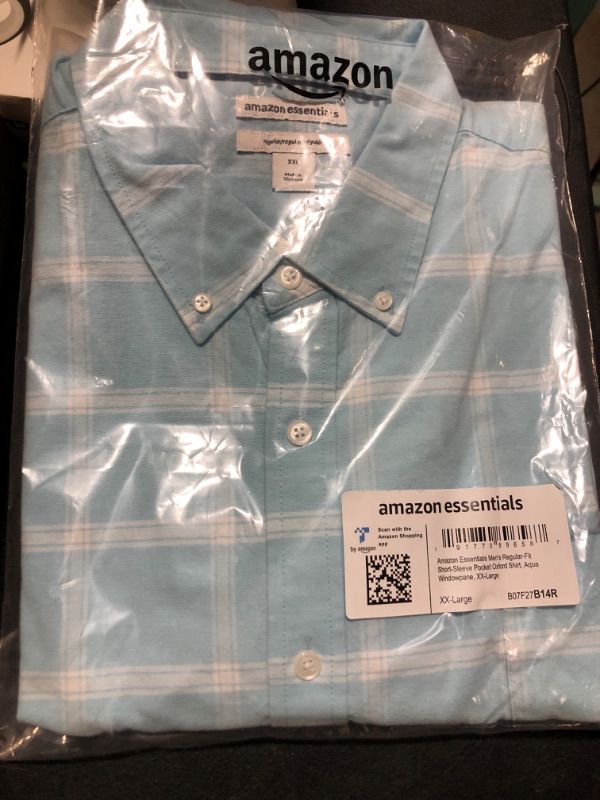 Photo 1 of Amazon Essentials Men's Regular-Fit Short-Sleeve Pocket Oxford Shirt XX-Large Aqua Blue Windowpane