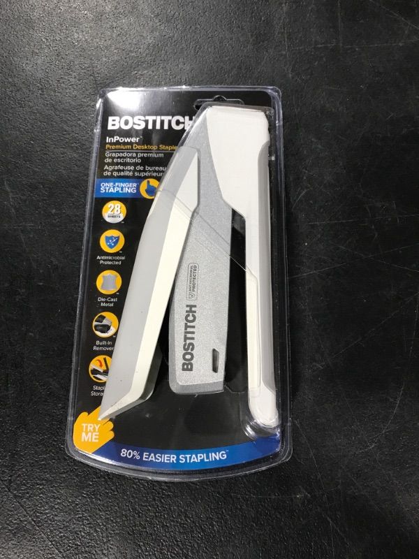 Photo 2 of Bostitch inPOWER+28 Executive Stapler - 3 in 1 Stapler - One Finger, No Effort, Spring Powered Stapler, White/Gray (1180)