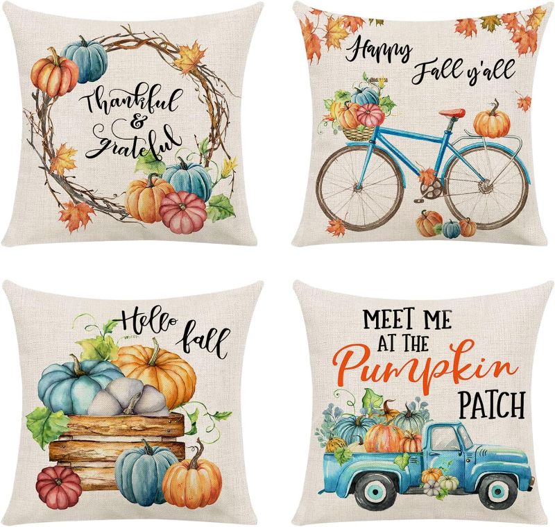 Photo 1 of 18x18 Fall Pillow Covers Set of 4 Thanksgiving Pumpkin Decor Pillow Covers, Soft Throw Pillow Covers for Couch Sofa Home Throw Pillowcase Outdoor Farmhouse Decorations Throw Cushion Case for Home 