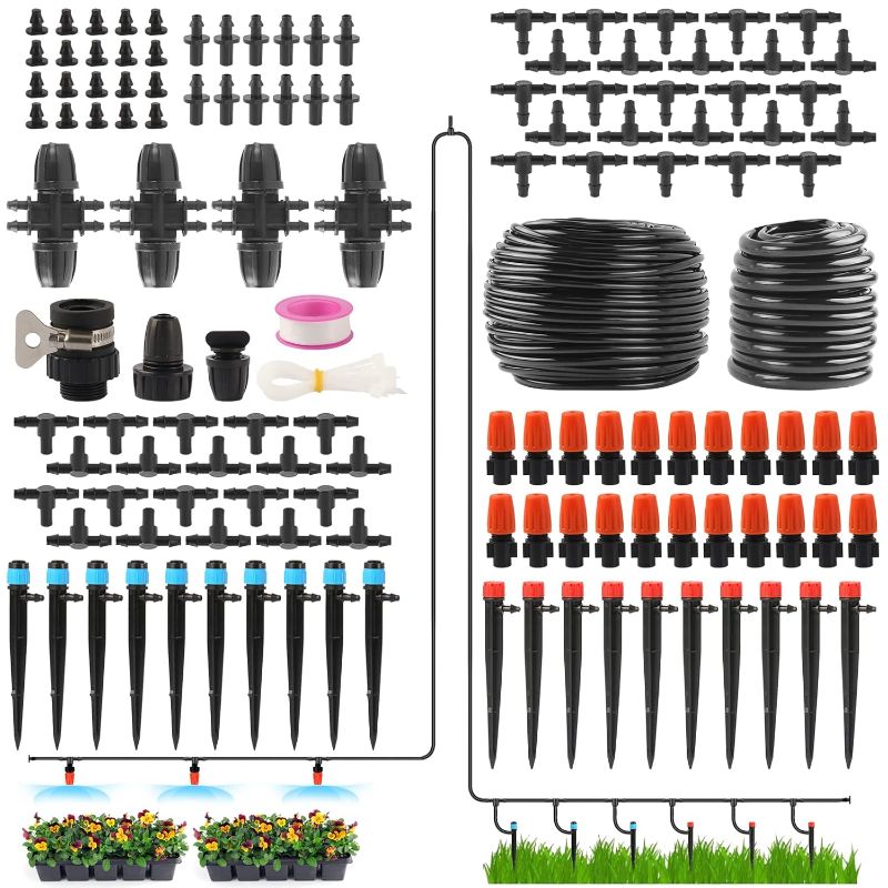 Photo 1 of 223FT Automatic Drip Irrigation Kits, Garden Watering System for Greenhouse, Yard and Lawn - with 1/2 inch 1/4 inch Distribution Tubing Hose Drip Emitters Adjustable Misting Sprinkler Fittings 