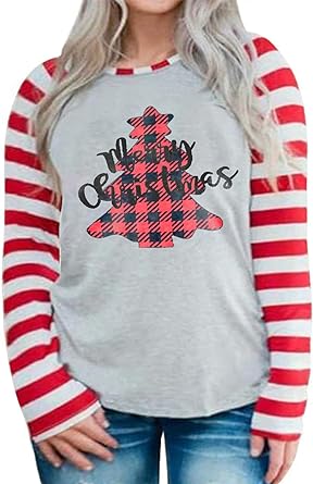 Photo 1 of  ROSRISS Womens Plus-Size Christmas Shirts Casual Funny Tops Striped Raglan Tunics 26W
