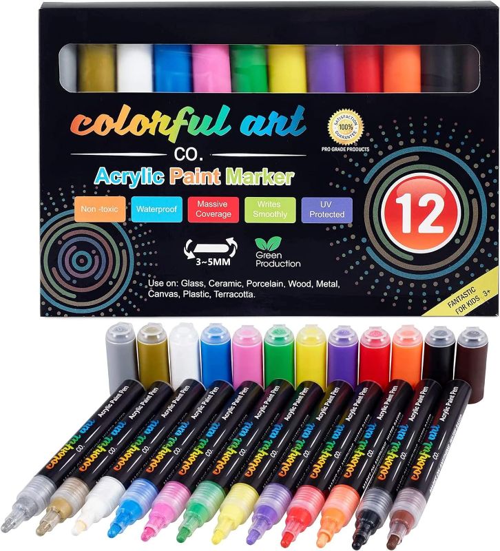 Photo 1 of Colorful Art Co. Acrylic Paint Pens – Permanent, Waterproof Pen 12 Pack w/Reversible 3-5mm Brush Tips – Painting Markers for Rocks, Wood, Glass, Ceramic & Stone - Craft Supplies 