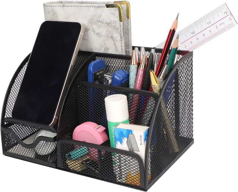 Photo 1 of FYY Office Desk Organizers And Accessories - Mesh Desk Organizer Desk Caddy Organizer, Office Desk Pen Holder Organizer, Large Capacity Black Mesh Pen Holder Desktop Organizer - 6 Compartments