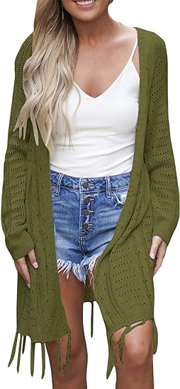 Photo 1 of Cardigan for Women 2023 Lightweight Knit Open Front Hollow Out Crochet Tassel Kimonos Long Sleeve Fall Loose Sweater Cover Up
size s 