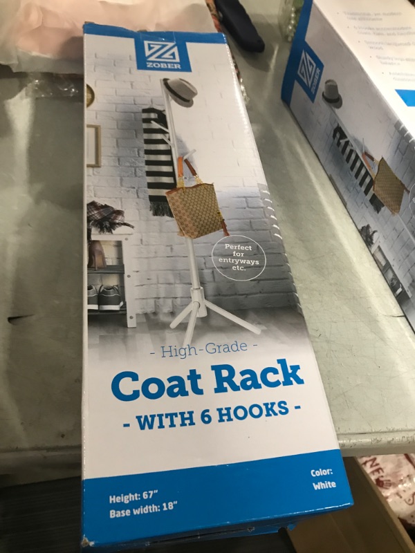 Photo 2 of ZOBER Coat Rack Freestanding - Wooden 6 Hanger Clothing Rack with Modern Hooks for Bag, Hat, Jacket, Purse, Umbrella - Standing Hat Rack Coat Hanger for Entryway - White