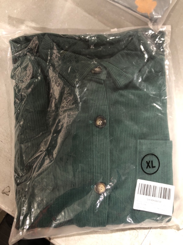 Photo 2 of (XL) Women's Corduroy Shirt Long Sleeve Oversized Button Up V Neck Blouses Tops Loose Shacket Jacket Hunter Green 