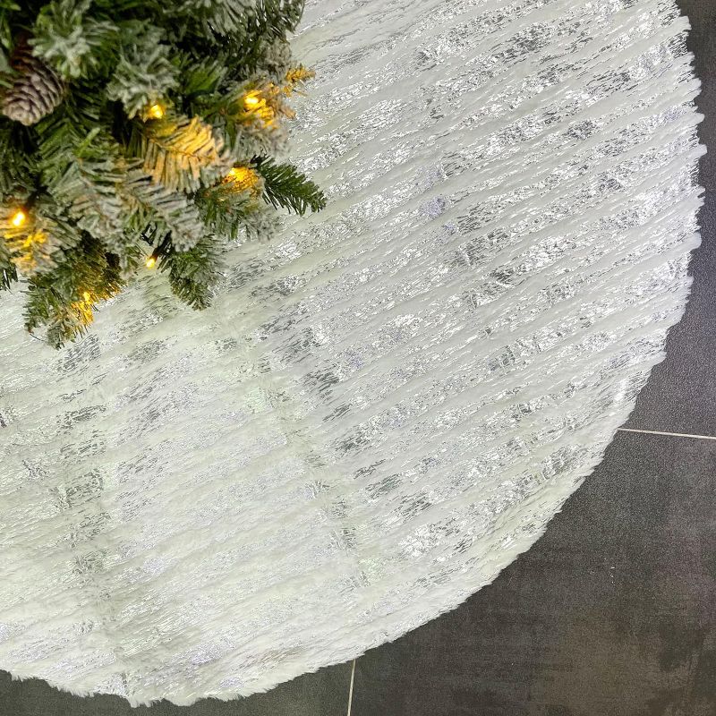 Photo 1 of 47 Inch Large Christmas Tree Skirt White Tree Skirt Christmas Faux Fur Tree Skirts Xmas Christmas Decorations for Holiday Christmas Tree Ornaments Christmas Party Home Decorations Silver