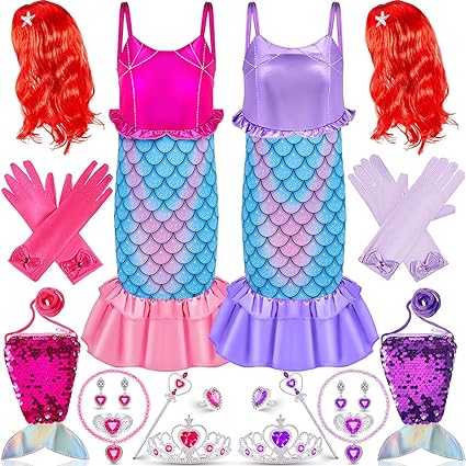 Photo 2 of 2 Set Little Girls Princess Mermaid Costume with Red Wig Crown Gloves Wand Jewelry Accessories for Halloween Dress Up Party 3-4 Years