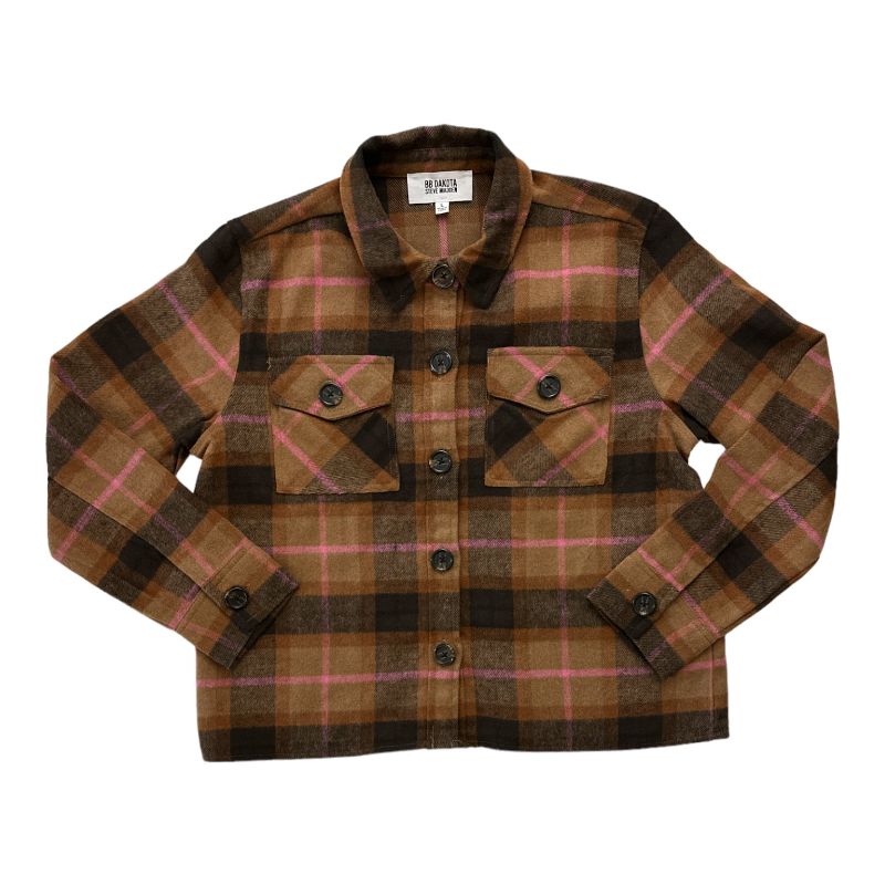 Photo 1 of BB Dakota by Steve Madden Women S Button Down Boxy Shacket (Cashew Plaid XL)
