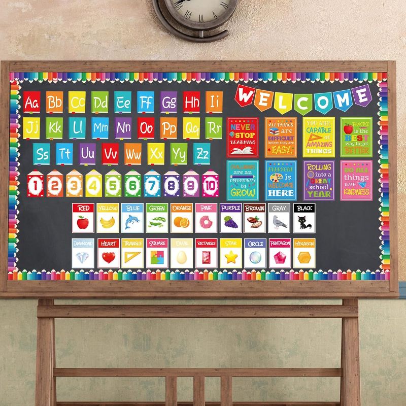 Photo 1 of Fulmoon 125 Pcs Classroom Bulletin Board Decoration Set Alphabet Number Bulletin Board and Inspirational Poster Early Learning Colors Shapes Cards Growth Mindset Posters Bulletin Board Borders for Kid