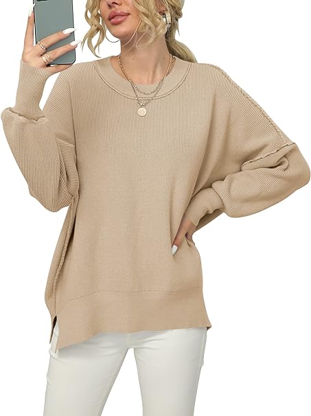 Photo 1 of ANRABESS Women Crewneck Batwing Sleeve 2023 Fall Oversized Side Slit Ribbed Knit Pullover Sweater Top
