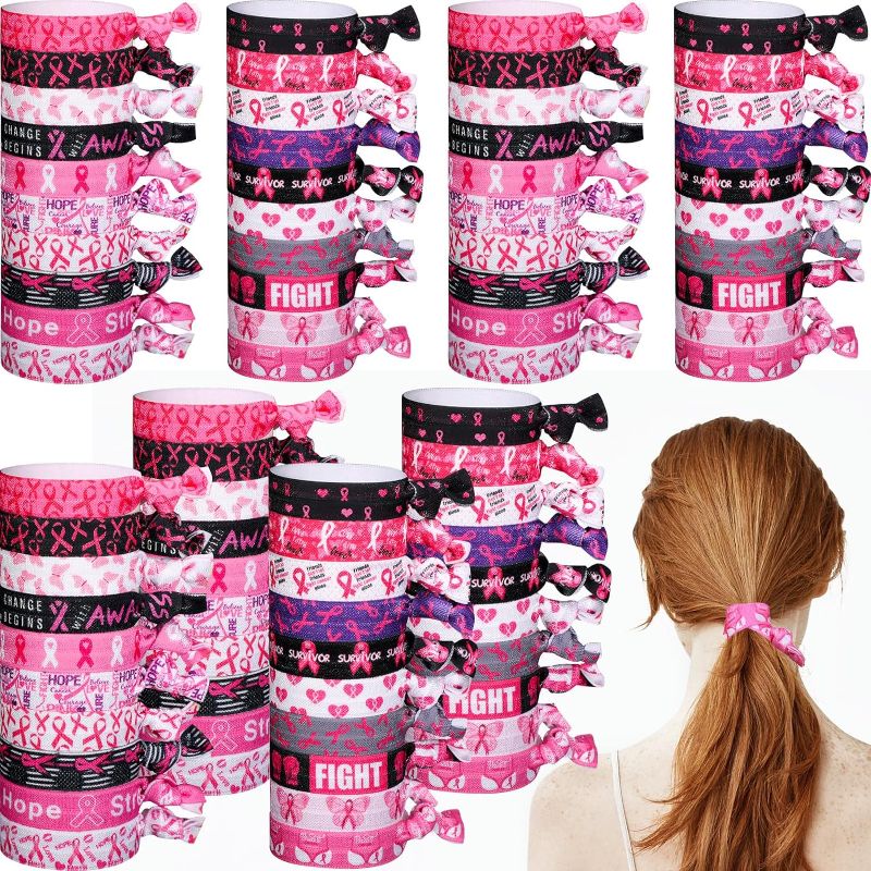 Photo 1 of ~Yunlly 80 Pieces Breast Cancer Awareness Hair Ties Pink Ribbon Hair Accessories No Crease Hair Bands Cancer Survivor Gift for Women Knotted Hair Ties...
