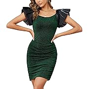 Photo 1 of EXLURA Women's Ruffle Short Sleeve Sequin Dress Square Neck Cocktail Bodycon Mini Dress Ribbed Ruched Party Club Dresses small 