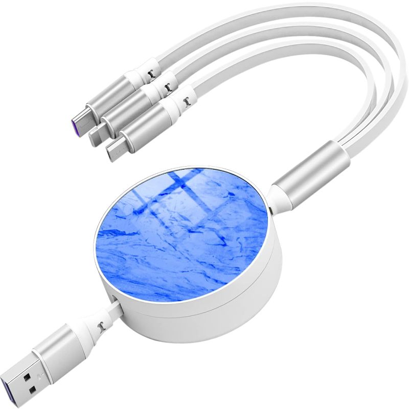 Photo 1 of Naiadiy USB 66W Super Fast Charging Cable 3.3Ft, Retractable Multi 3 in 1 (IP/USB C/Micro USB, 6A) Charger Cord, Fit for Most Charging Equipment, Blue Marble