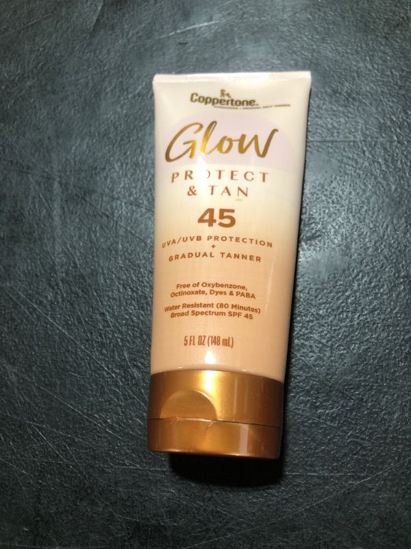 Photo 2 of Coppertone Glow Protect and Tan Sunscreen Lotion with Gradual Self Tanner SPF 45, Water Resistant, Broad Spectrum Sunscreen, 5 Fl Oz Tube