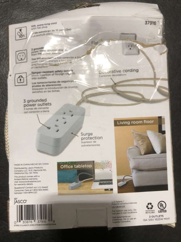 Photo 2 of Cordinate 3 Outlet Power Strip Surge Protector Indoor Outdoor Extension Cord 16 Gauge 10 Ft 3 Prong Braided Extension Cords Flat Extension Cord Heavy Duty UL-Listed Brown/White 37916 Tan 3 Outlet 1 Pack
