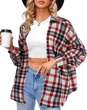 Photo 1 of Damorong Button Down Shirts for Women Long Sleeve Collared Casual Plaid Shirt Lightweight Loose Spring Blouse Tops
Red